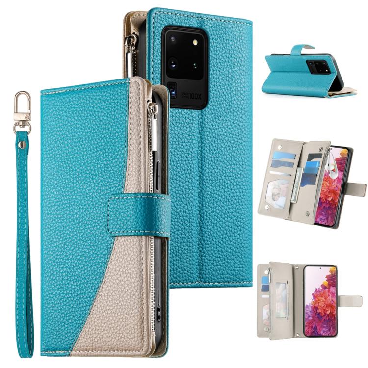 Portafoglio multi-carta con cerniera e cinturino corto, cuciture a vista, custodia per telefono in pelle con cinturino corto., For Samsung Galaxy S20 Ultra, For Samsung Galaxy S20, For Samsung Galaxy S20+