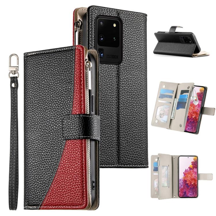 Portafoglio multi-carta con cerniera e cinturino corto, cuciture a vista, custodia per telefono in pelle con cinturino corto., For Samsung Galaxy S20 Ultra, For Samsung Galaxy S20, For Samsung Galaxy S20+