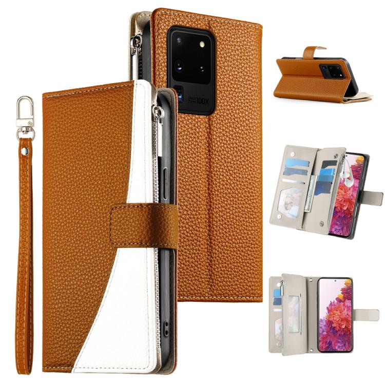 Portafoglio multi-carta con cerniera e cinturino corto, cuciture a vista, custodia per telefono in pelle con cinturino corto., For Samsung Galaxy S20 Ultra, For Samsung Galaxy S20, For Samsung Galaxy S20+