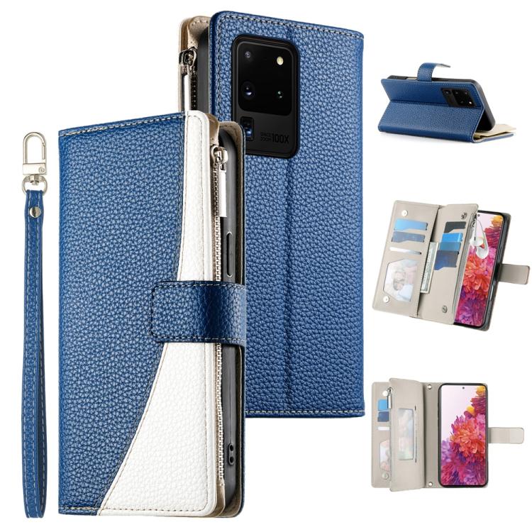 Portafoglio multi-carta con cerniera e cinturino corto, cuciture a vista, custodia per telefono in pelle con cinturino corto., For Samsung Galaxy S20 Ultra, For Samsung Galaxy S20, For Samsung Galaxy S20+