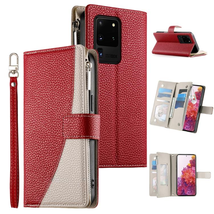 Portafoglio multi-carta con cerniera e cinturino corto, cuciture a vista, custodia per telefono in pelle con cinturino corto., For Samsung Galaxy S20 Ultra, For Samsung Galaxy S20, For Samsung Galaxy S20+