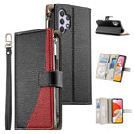 Portafoglio multi-carta con cerniera e cinturino corto, cuciture a vista, custodia per telefono in pelle con cinturino corto., For Samsung Galaxy A32 5G