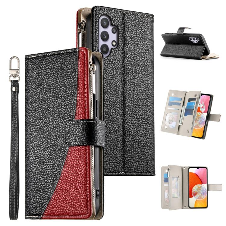 Portafoglio multi-carta con cerniera e cinturino corto, cuciture a vista, custodia per telefono in pelle con cinturino corto., For Samsung Galaxy A32 5G
