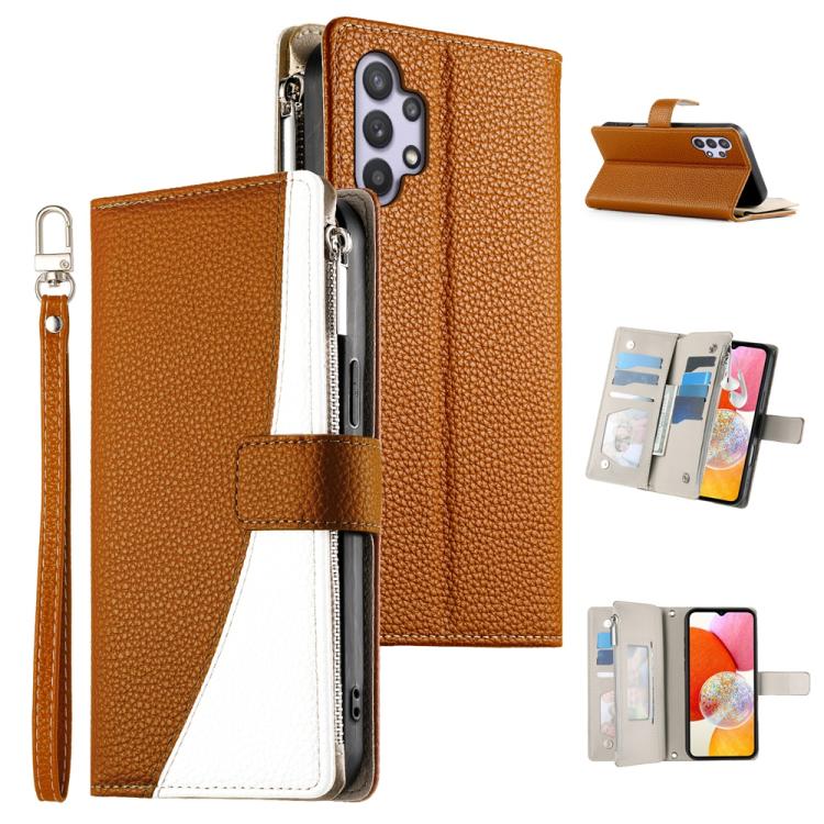 Portafoglio multi-carta con cerniera e cinturino corto, cuciture a vista, custodia per telefono in pelle con cinturino corto., For Samsung Galaxy A32 5G