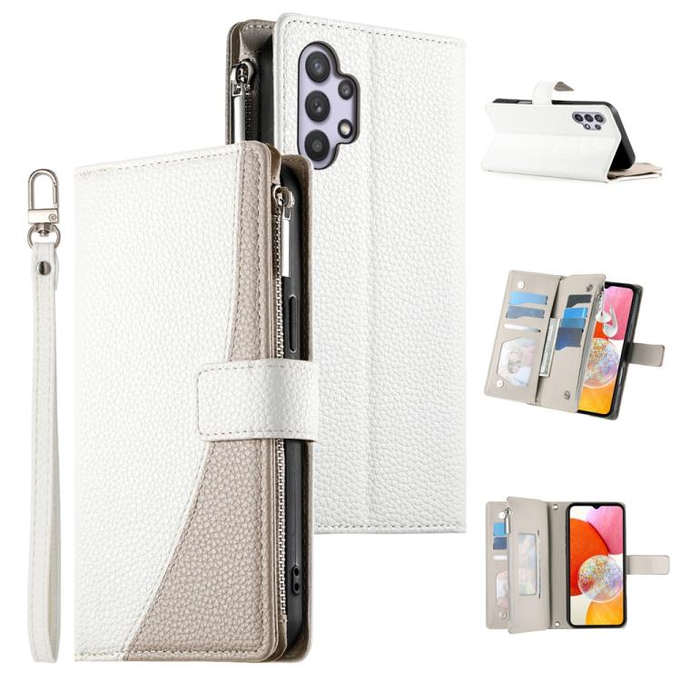 Portafoglio multi-carta con cerniera e cinturino corto, cuciture a vista, custodia per telefono in pelle con cinturino corto., For Samsung Galaxy A32 5G