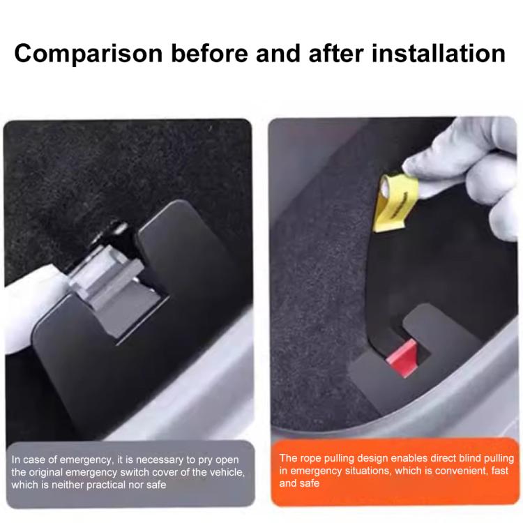 Set da 2 pezzi per Tesla Model Y / 3 Interruttore meccanico per portiera posteriore, maniglia, cordino di sicurezza esteso per sblocco manuale della portiera.