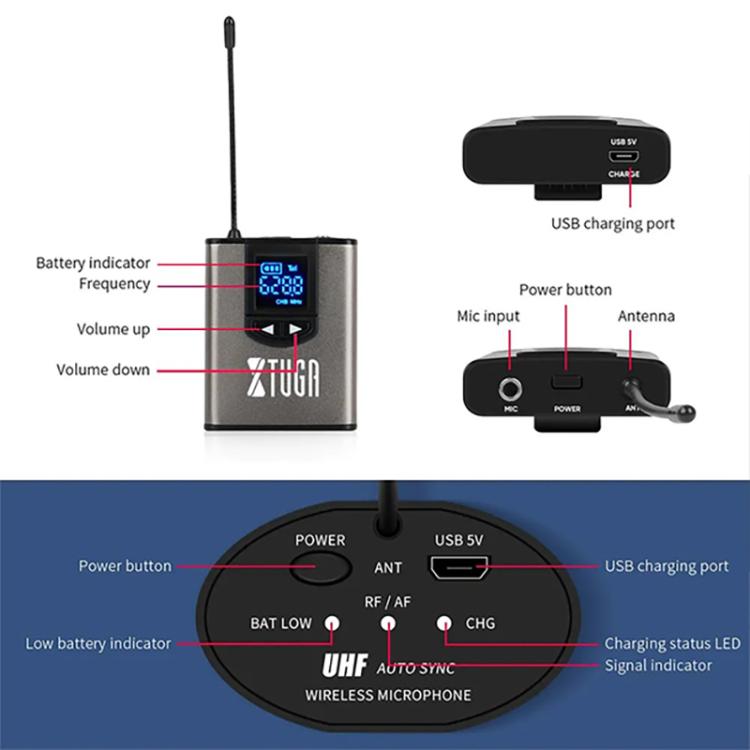 Microfono lavalier wireless XTUGA A2 UHF con trasmettitore