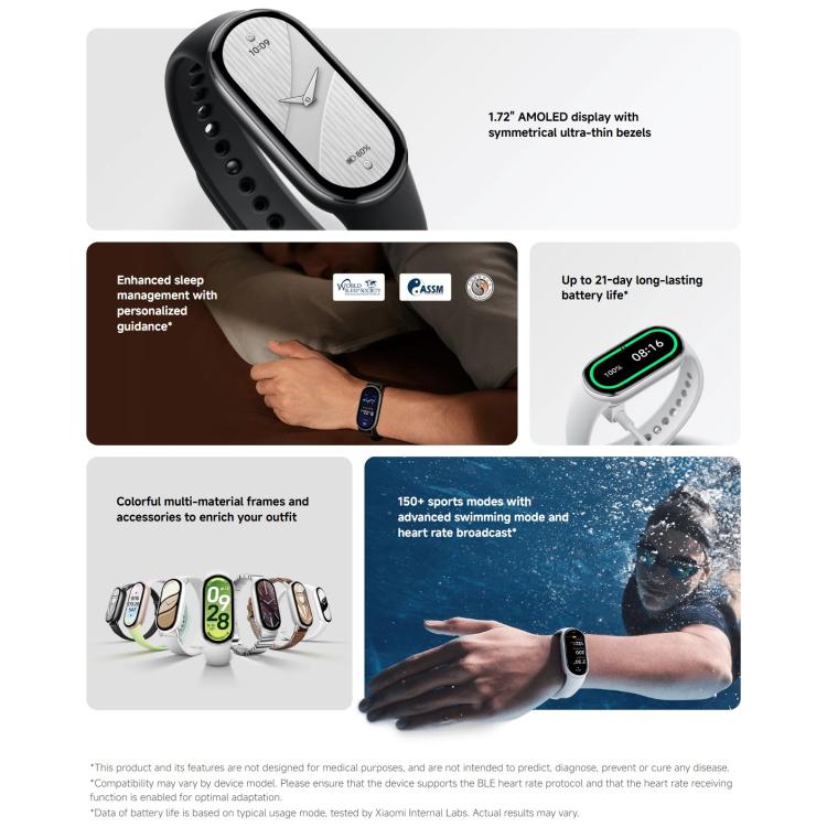 Smart Band 10 originale Xiaomi, schermo AMOLED da 1,72 pollici, impermeabile fino a 5 ATM, supporta il monitoraggio dell'ossigeno nel sangue e della frequenza cardiaca., Smart Band 10 Black, Smart Band 10 Silver, Smart Band 10 Pink Gold
