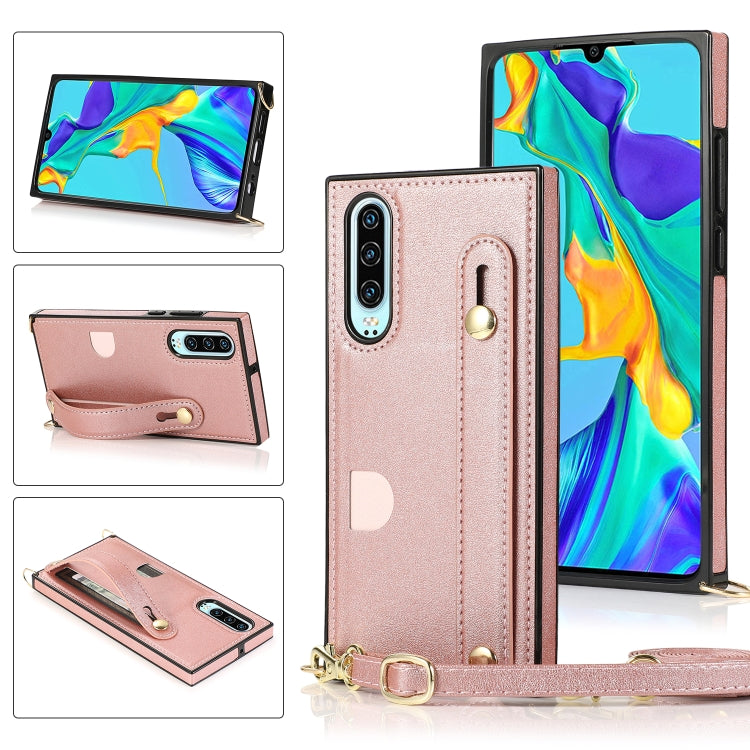 Custodia protettiva antiurto PU + TPU con cinturino da polso con cordino a tracolla e supporto e slot per schede, For Huawei P30, For Huawei P30 Lite, For Huawei P30 Pro, For Huawei P40