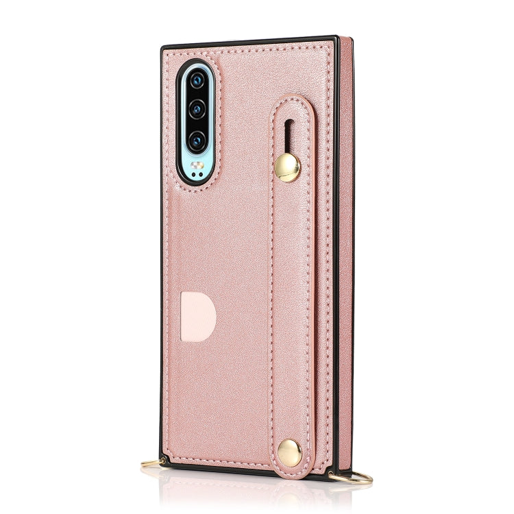 Custodia protettiva antiurto PU + TPU con cinturino da polso con cordino a tracolla e supporto e slot per schede, For Huawei P30, For Huawei P30 Lite, For Huawei P30 Pro, For Huawei P40