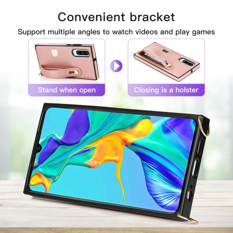 Custodia protettiva antiurto PU + TPU con cinturino da polso con cordino a tracolla e supporto e slot per schede, For Huawei P30, For Huawei P30 Lite, For Huawei P30 Pro, For Huawei P40