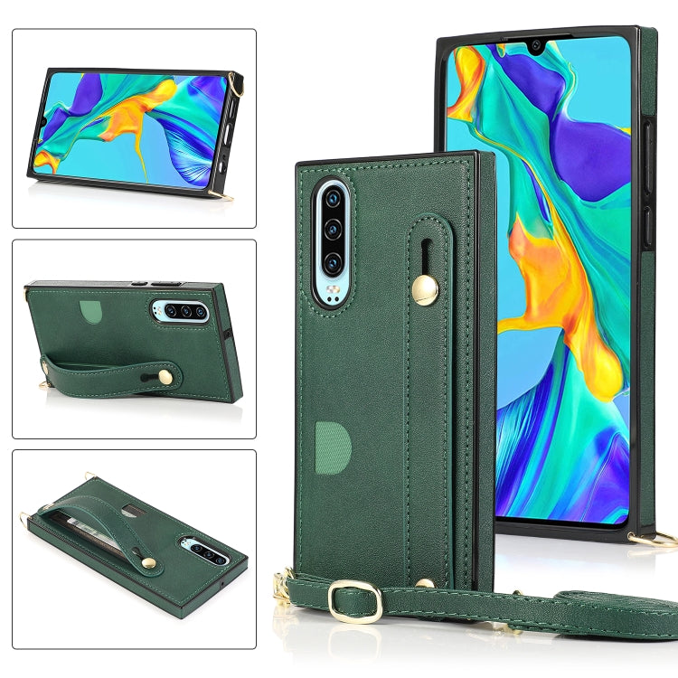 Custodia protettiva antiurto PU + TPU con cinturino da polso con cordino a tracolla e supporto e slot per schede, For Huawei P30, For Huawei P30 Lite, For Huawei P30 Pro, For Huawei P40