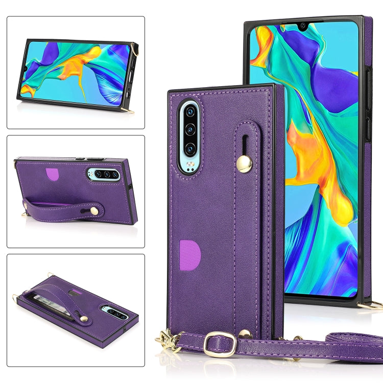 Custodia protettiva antiurto PU + TPU con cinturino da polso con cordino a tracolla e supporto e slot per schede, For Huawei P30, For Huawei P30 Lite, For Huawei P30 Pro, For Huawei P40