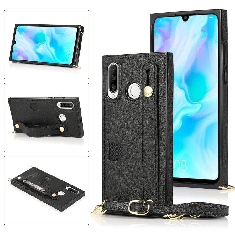Custodia protettiva antiurto PU + TPU con cinturino da polso con cordino a tracolla e supporto e slot per schede, For Huawei P30, For Huawei P30 Lite, For Huawei P30 Pro, For Huawei P40