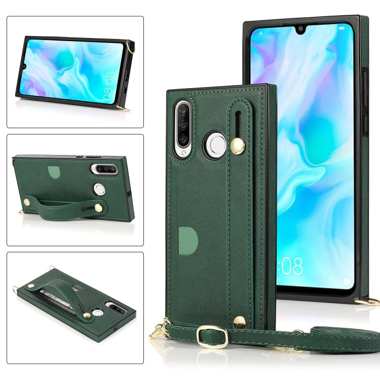 Custodia protettiva antiurto PU + TPU con cinturino da polso con cordino a tracolla e supporto e slot per schede, For Huawei P30, For Huawei P30 Lite, For Huawei P30 Pro, For Huawei P40