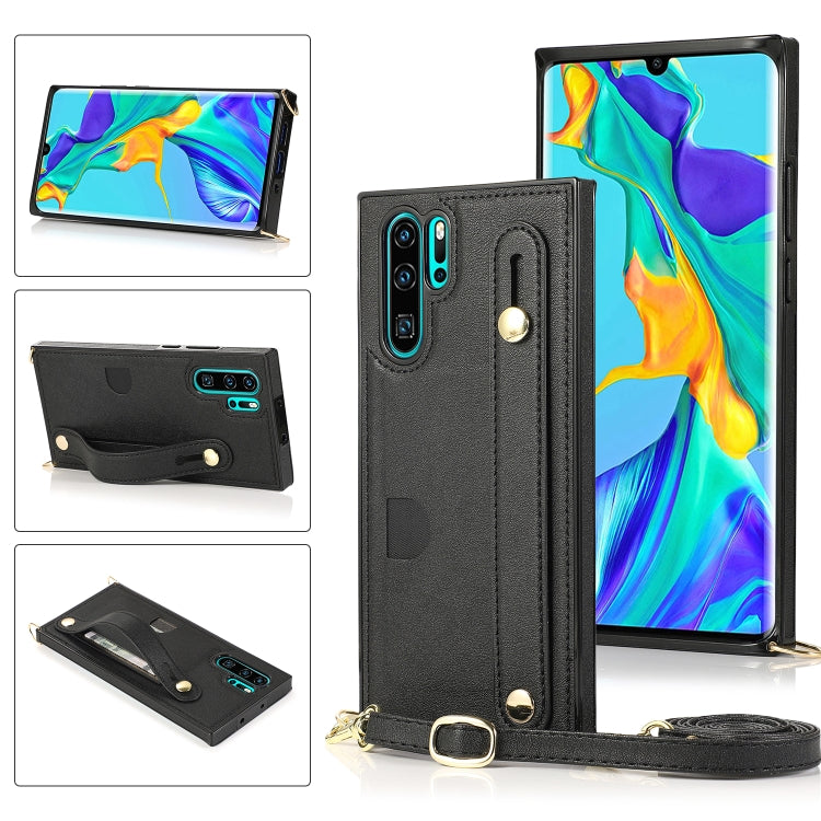Custodia protettiva antiurto PU + TPU con cinturino da polso con cordino a tracolla e supporto e slot per schede, For Huawei P30, For Huawei P30 Lite, For Huawei P30 Pro, For Huawei P40