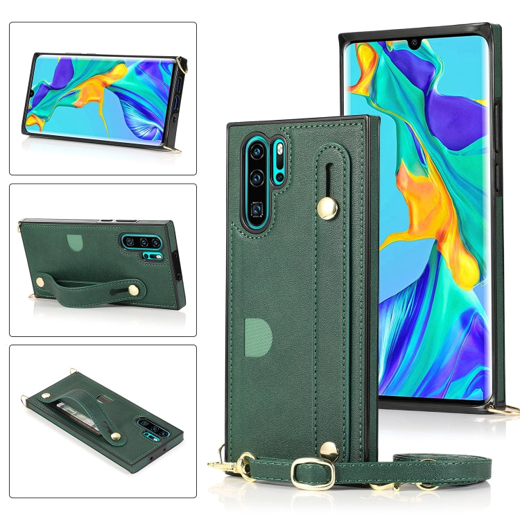 Custodia protettiva antiurto PU + TPU con cinturino da polso con cordino a tracolla e supporto e slot per schede, For Huawei P30, For Huawei P30 Lite, For Huawei P30 Pro, For Huawei P40