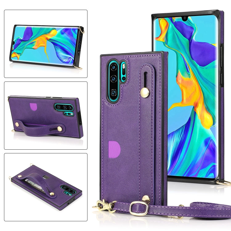 Custodia protettiva antiurto PU + TPU con cinturino da polso con cordino a tracolla e supporto e slot per schede, For Huawei P30, For Huawei P30 Lite, For Huawei P30 Pro, For Huawei P40