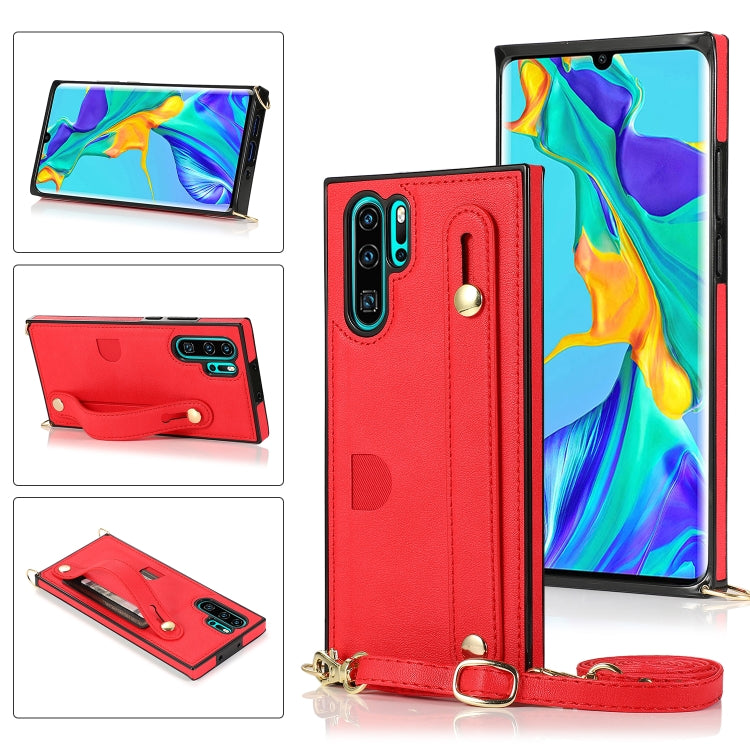 Custodia protettiva antiurto PU + TPU con cinturino da polso con cordino a tracolla e supporto e slot per schede, For Huawei P30, For Huawei P30 Lite, For Huawei P30 Pro, For Huawei P40