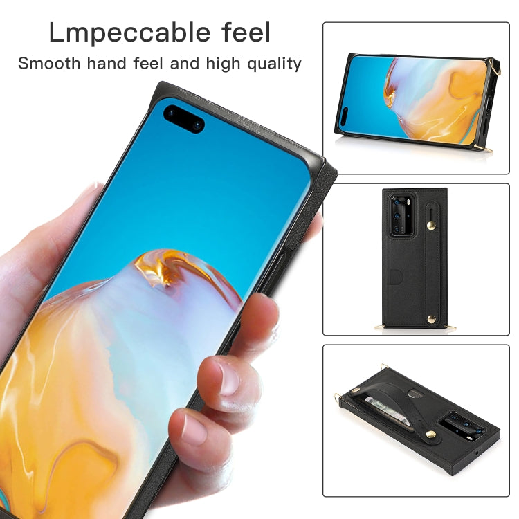 Custodia protettiva antiurto PU + TPU con cinturino da polso con cordino a tracolla e supporto e slot per schede, For Huawei P40 Pro, For Huawei P40 Pro Plus