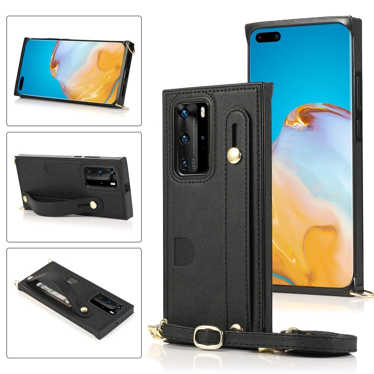 Custodia protettiva antiurto PU + TPU con cinturino da polso con cordino a tracolla e supporto e slot per schede, For Huawei P40 Pro, For Huawei P40 Pro Plus