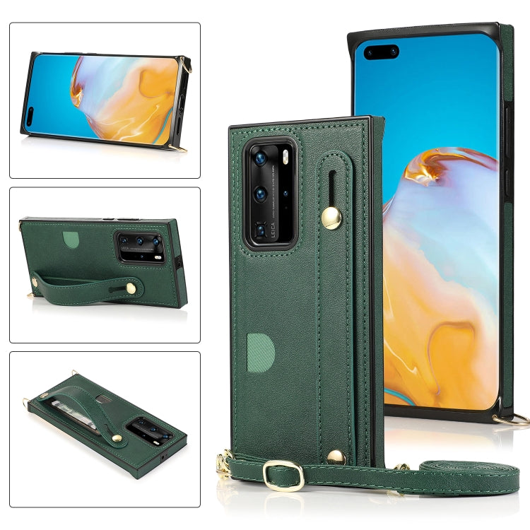 Custodia protettiva antiurto PU + TPU con cinturino da polso con cordino a tracolla e supporto e slot per schede, For Huawei P40 Pro, For Huawei P40 Pro Plus