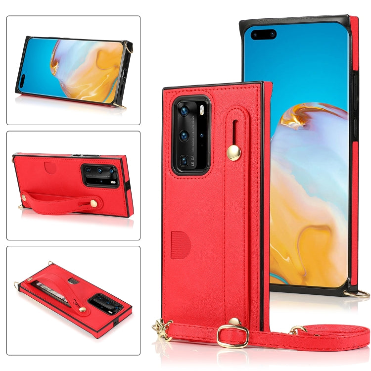 Custodia protettiva antiurto PU + TPU con cinturino da polso con cordino a tracolla e supporto e slot per schede, For Huawei P40 Pro, For Huawei P40 Pro Plus