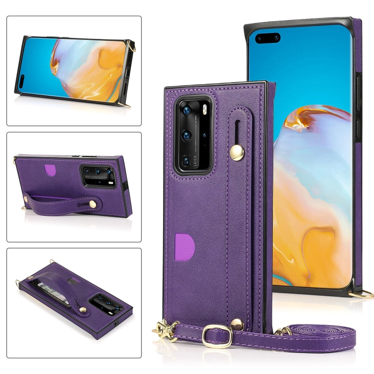 Custodia protettiva antiurto PU + TPU con cinturino da polso con cordino a tracolla e supporto e slot per schede, For Huawei P40 Pro, For Huawei P40 Pro Plus