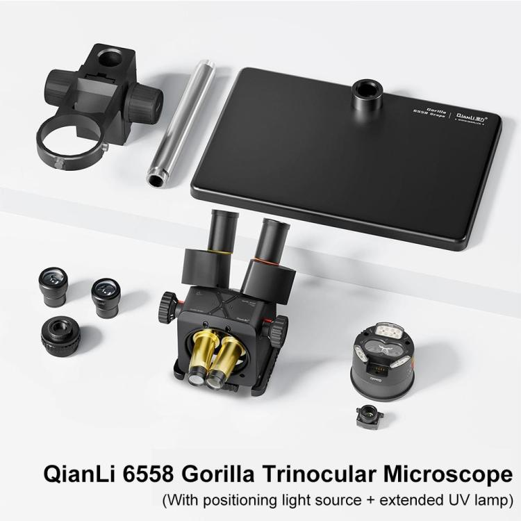Microscopio trinoculare QianLi 6558 Gorilla 6.5X-58X con sorgente luminosa e lampada UV., with Light Source + UV Lamp, Plug:US Plug, with Light Source + UV Lamp, Plug:EU Plug