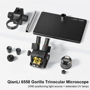 Microscopio trinoculare QianLi 6558 Gorilla 6.5X-58X con sorgente luminosa e lampada UV., with Light Source + UV Lamp, Plug:US Plug, with Light Source + UV Lamp, Plug:EU Plug