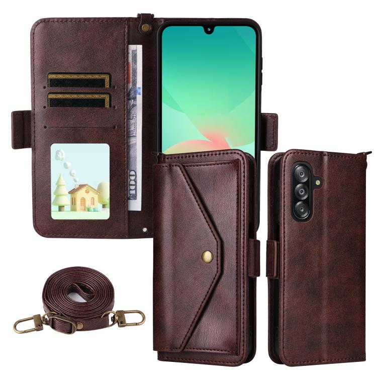 Custodia per telefono a tracolla in pelle di vacchetta con scomparti multipli per carte., For Samsung Galaxy A06 5G / 4G, For Samsung Galaxy A56 5G, For Samsung Galaxy A16 5G / 4G / A26 5G, For Samsung Galaxy A36 5G