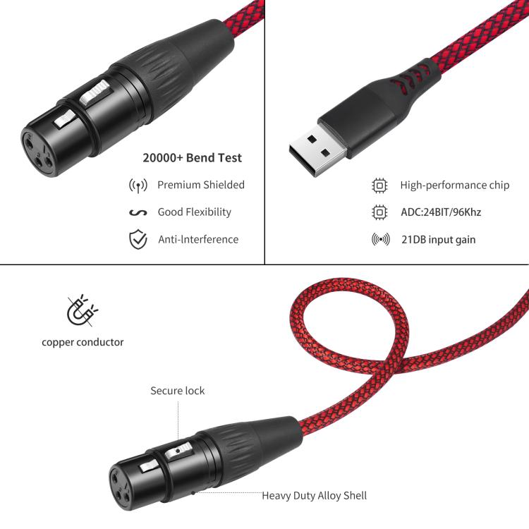 Cavo di registrazione audio da USB-A a XLR femmina per microfono dinamico, 1m, 2m, 3m