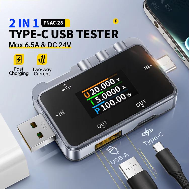 Tester di monitoraggio dell'ondulazione professionale multifunzione Fnirsi FNAC-28 con porte Type-C e USB., FNAC-28