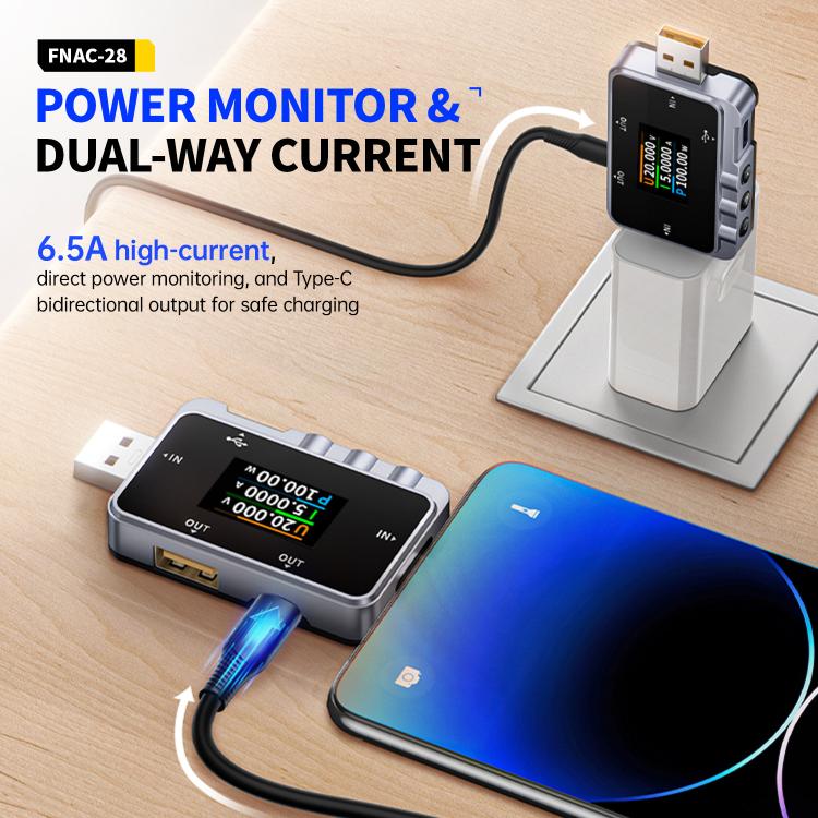 Tester di monitoraggio dell'ondulazione professionale multifunzione Fnirsi FNAC-28 con porte Type-C e USB., FNAC-28