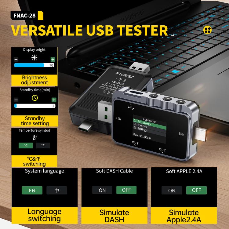 Tester di monitoraggio dell'ondulazione professionale multifunzione Fnirsi FNAC-28 con porte Type-C e USB., FNAC-28