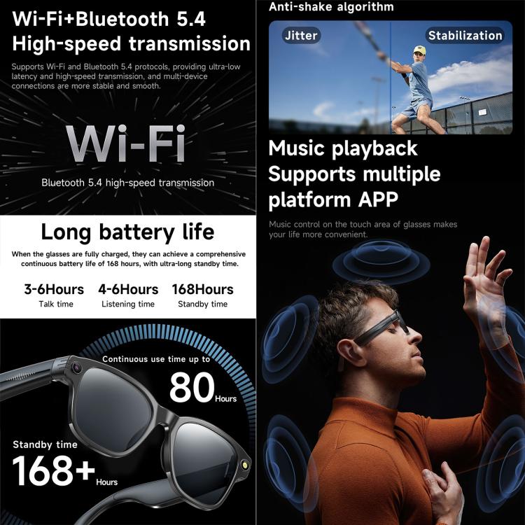 Occhiali intelligenti L801 con fotocamera HD da 8 MP, registrazione video, trasmissione Wi-Fi, assistente vocale intelligente AI, cuffie indossabili intelligenti.