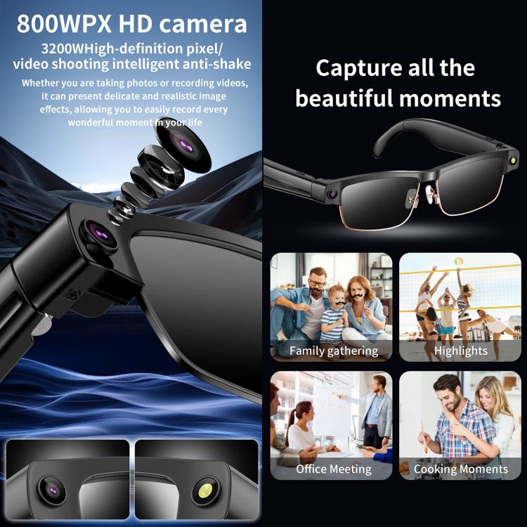 Occhiali intelligenti L802 con fotocamera HD da 8 MP, registrazione video, trasmissione Wi-Fi, intelligenza artificiale, assistente vocale intelligente, cuffie indossabili intelligenti.
