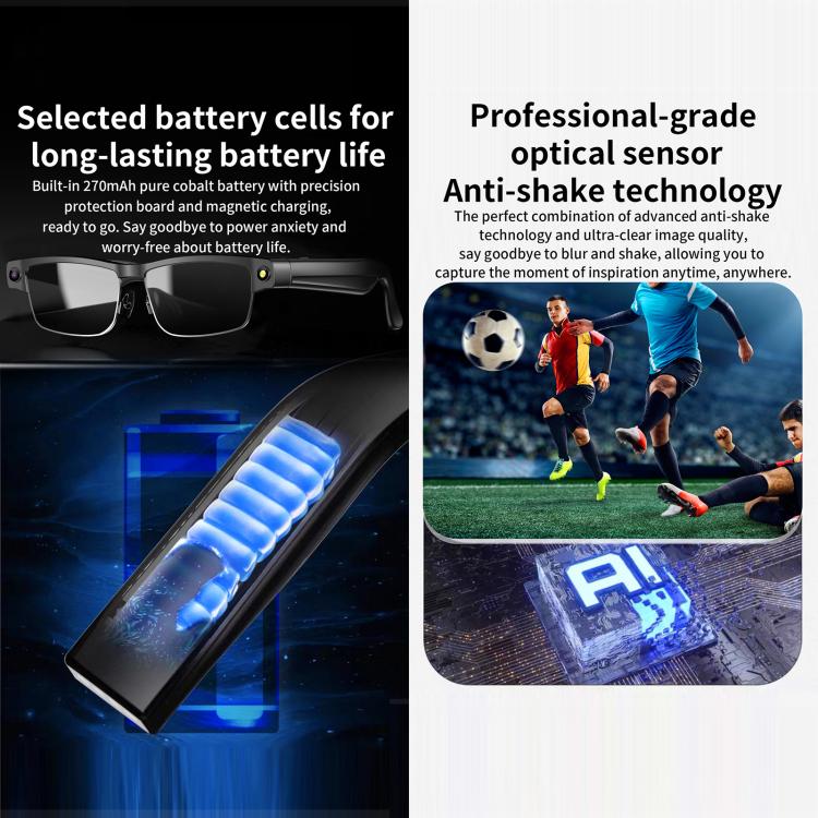 Occhiali intelligenti L802 con fotocamera HD da 8 MP, registrazione video, trasmissione Wi-Fi, intelligenza artificiale, assistente vocale intelligente, cuffie indossabili intelligenti.