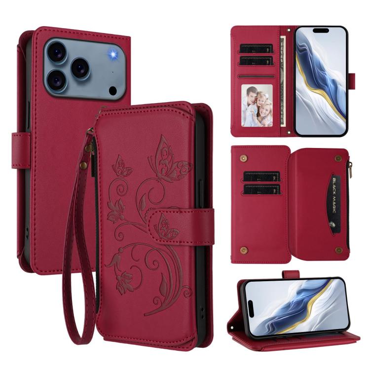 Portafoglio multi-carta con cerniera e motivo farfalla, amore e fiore, custodia per telefono in pelle, For iPhone 17e / 16e, For iPhone 17 Pro Max, For iPhone 17 Pro