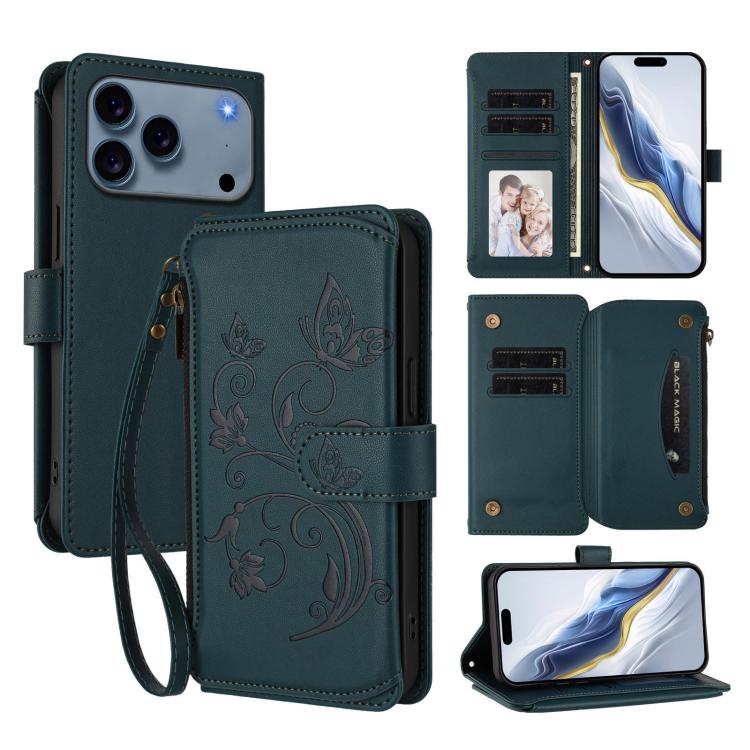 Portafoglio multi-carta con cerniera e motivo farfalla, amore e fiore, custodia per telefono in pelle, For iPhone 17e / 16e, For iPhone 17 Pro Max, For iPhone 17 Pro