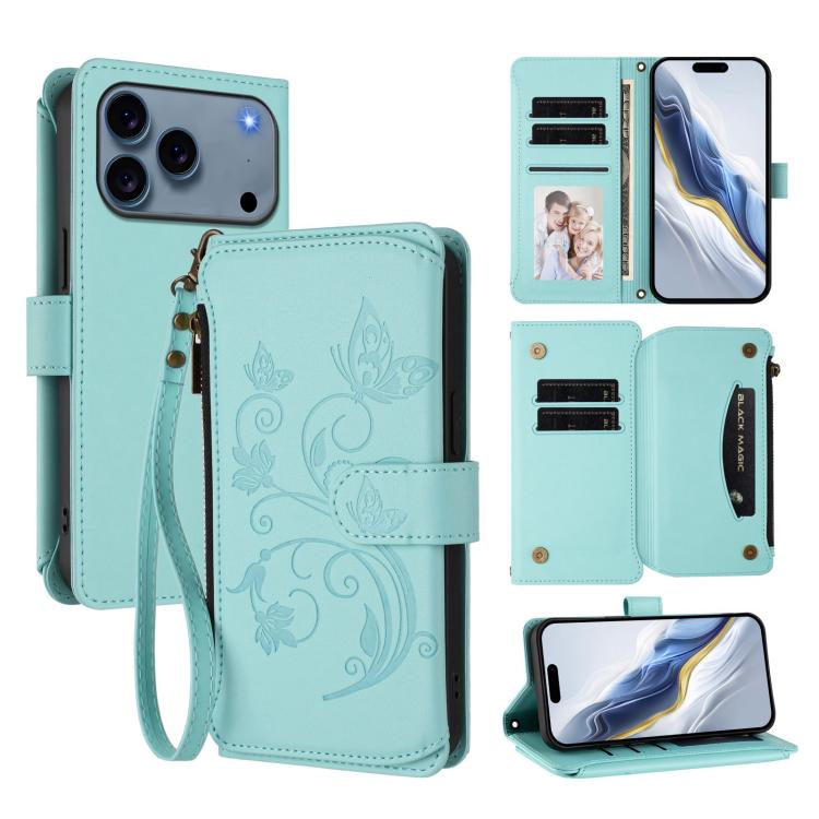 Portafoglio multi-carta con cerniera e motivo farfalla, amore e fiore, custodia per telefono in pelle, For iPhone 17e / 16e, For iPhone 17 Pro Max, For iPhone 17 Pro