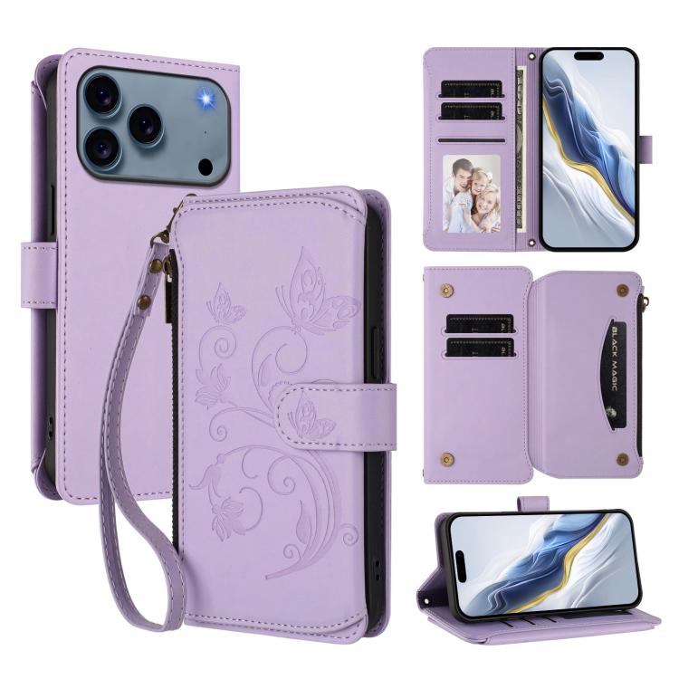 Portafoglio multi-carta con cerniera e motivo farfalla, amore e fiore, custodia per telefono in pelle, For iPhone 17e / 16e, For iPhone 17 Pro Max, For iPhone 17 Pro