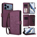 Portafoglio multi-carta con cerniera e motivo farfalla, amore e fiore, custodia per telefono in pelle, For iPhone 17e / 16e, For iPhone 17 Pro Max, For iPhone 17 Pro