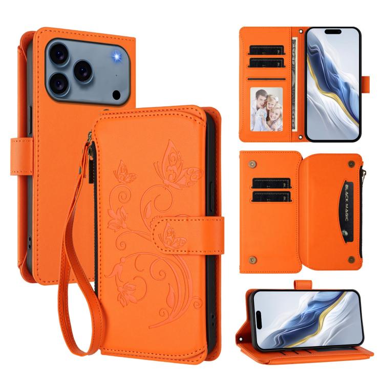 Portafoglio multi-carta con cerniera e motivo farfalla, amore e fiore, custodia per telefono in pelle, For iPhone 17e / 16e, For iPhone 17 Pro Max, For iPhone 17 Pro