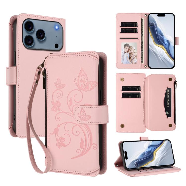 Portafoglio multi-carta con cerniera e motivo farfalla, amore e fiore, custodia per telefono in pelle, For iPhone 17e / 16e, For iPhone 17 Pro Max, For iPhone 17 Pro