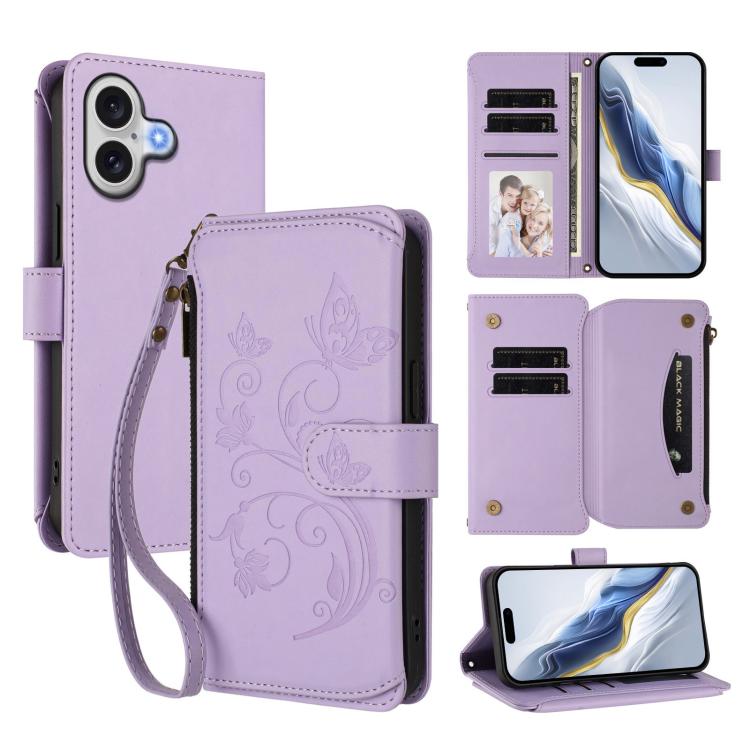 Portafoglio multi-carta con cerniera e motivo farfalla, amore e fiore, custodia per telefono in pelle, For iPhone 17, For iPhone Air, For iPhone 16 Pro Max