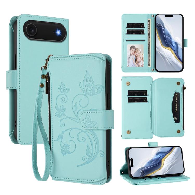 Portafoglio multi-carta con cerniera e motivo farfalla, amore e fiore, custodia per telefono in pelle, For iPhone 17, For iPhone Air, For iPhone 16 Pro Max