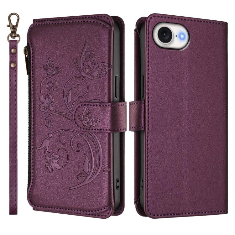 Portafoglio multi-carta con cerniera e motivo farfalla, amore e fiore, custodia per telefono in pelle, For iPhone 17e / 16e, For iPhone 17 Pro Max, For iPhone 17 Pro