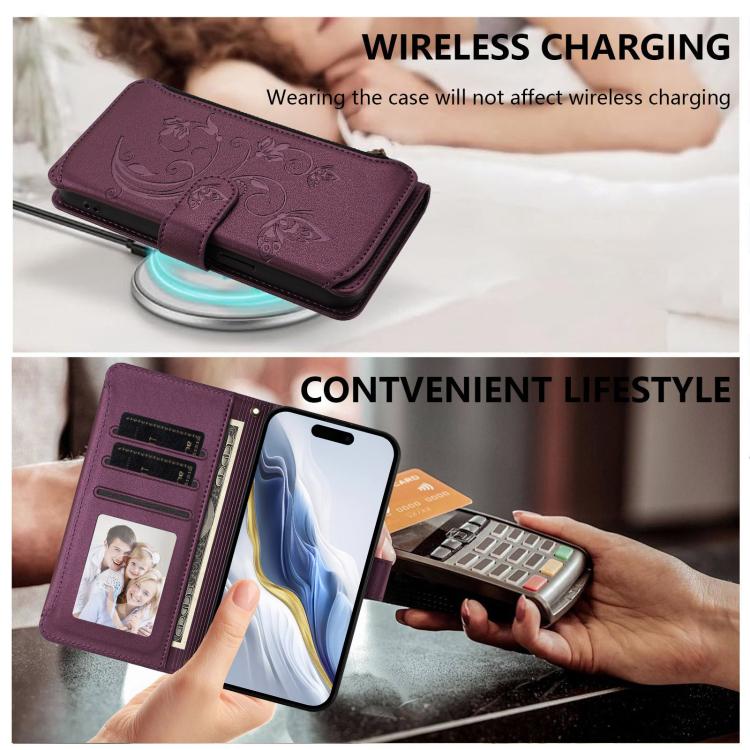 Portafoglio multi-carta con cerniera e motivo farfalla, amore e fiore, custodia per telefono in pelle, For iPhone 17e / 16e, For iPhone 17 Pro Max, For iPhone 17 Pro