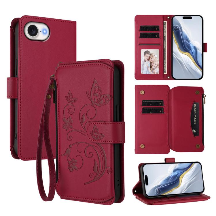 Portafoglio multi-carta con cerniera e motivo farfalla, amore e fiore, custodia per telefono in pelle, For iPhone 17e / 16e, For iPhone 17 Pro Max, For iPhone 17 Pro
